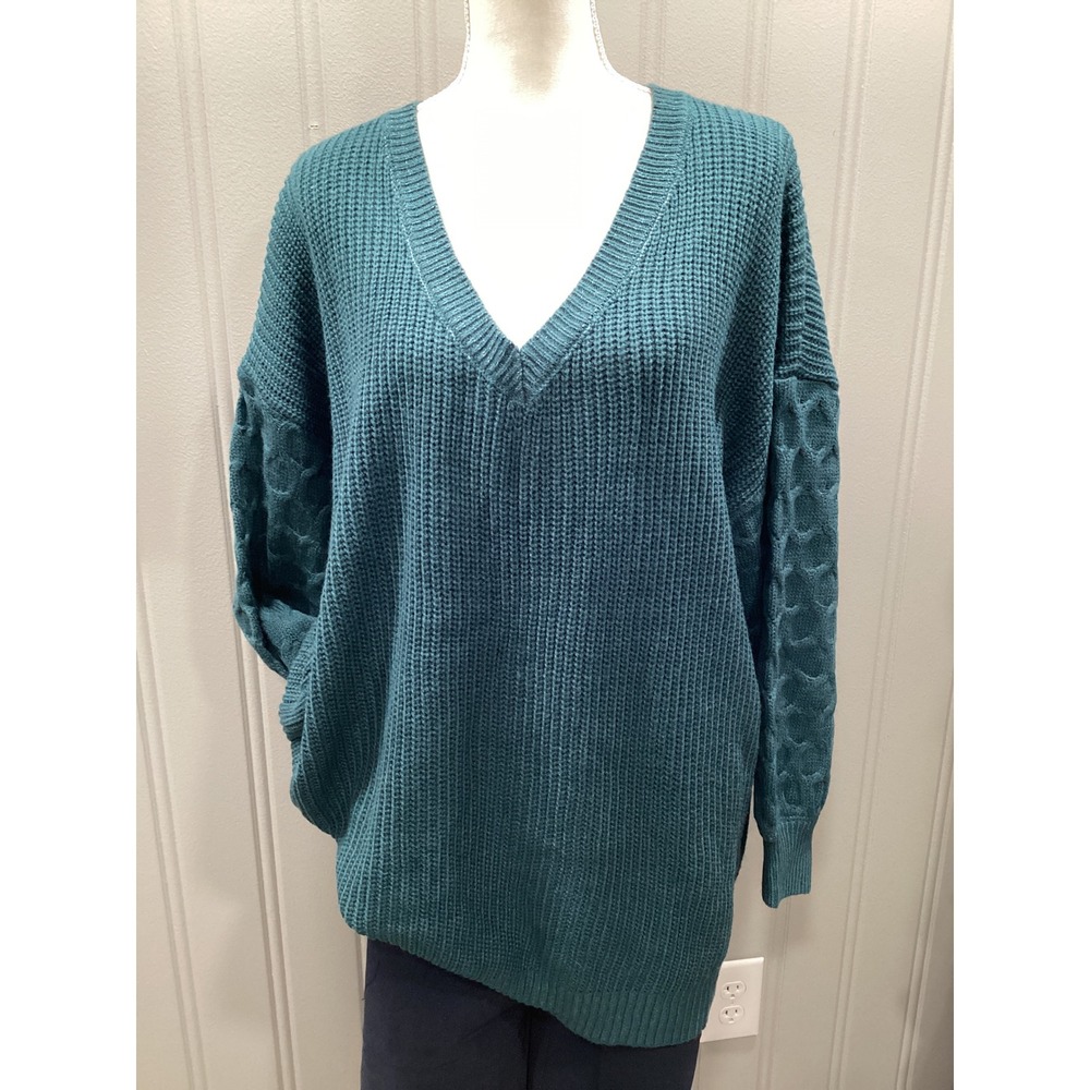 BLOOMCHIC Teal Blue Textured V Neck Sweater Cable Knit Oversized Womens 18‎ 20